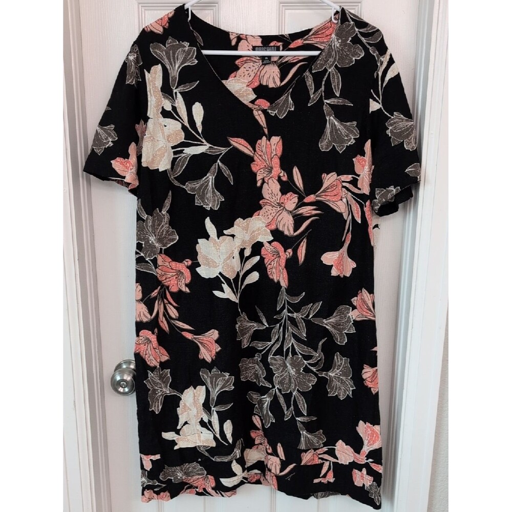 Nicole Miller Linen Blend Black Midi Dress with Pink & Cream Floral